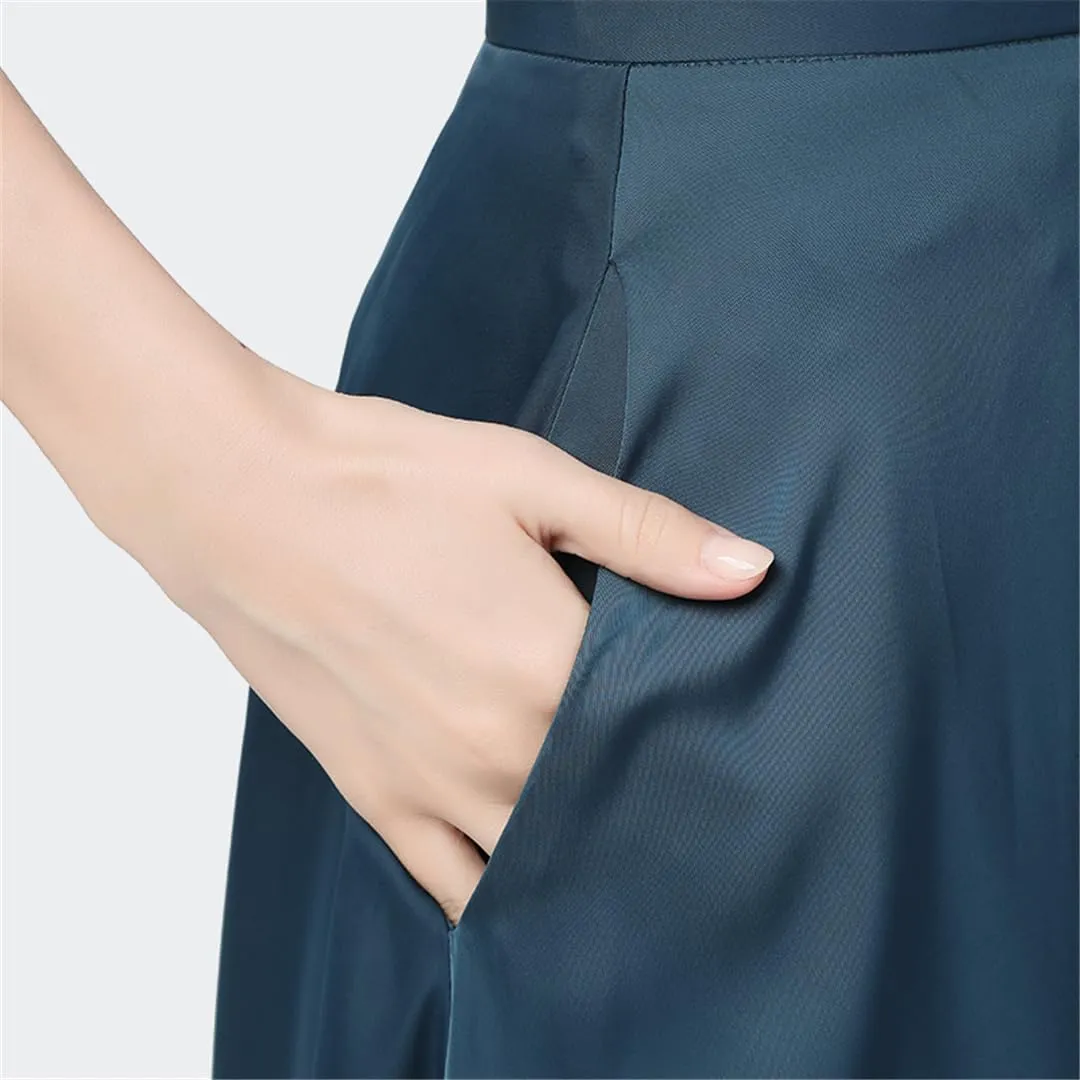 Women Summer Blue Satin Skirt Mid-Length Big Swing Pleated Plus Size A-Line Split Skirts