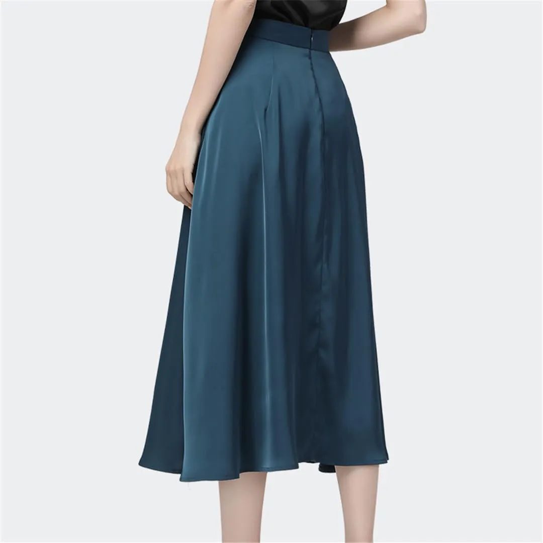 Women Summer Blue Satin Skirt Mid-Length Big Swing Pleated Plus Size A-Line Split Skirts
