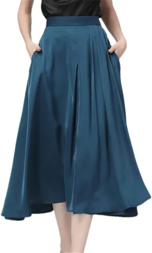 Women Summer Blue Satin Skirt Mid-Length Big Swing Pleated Plus Size A-Line Split Skirts