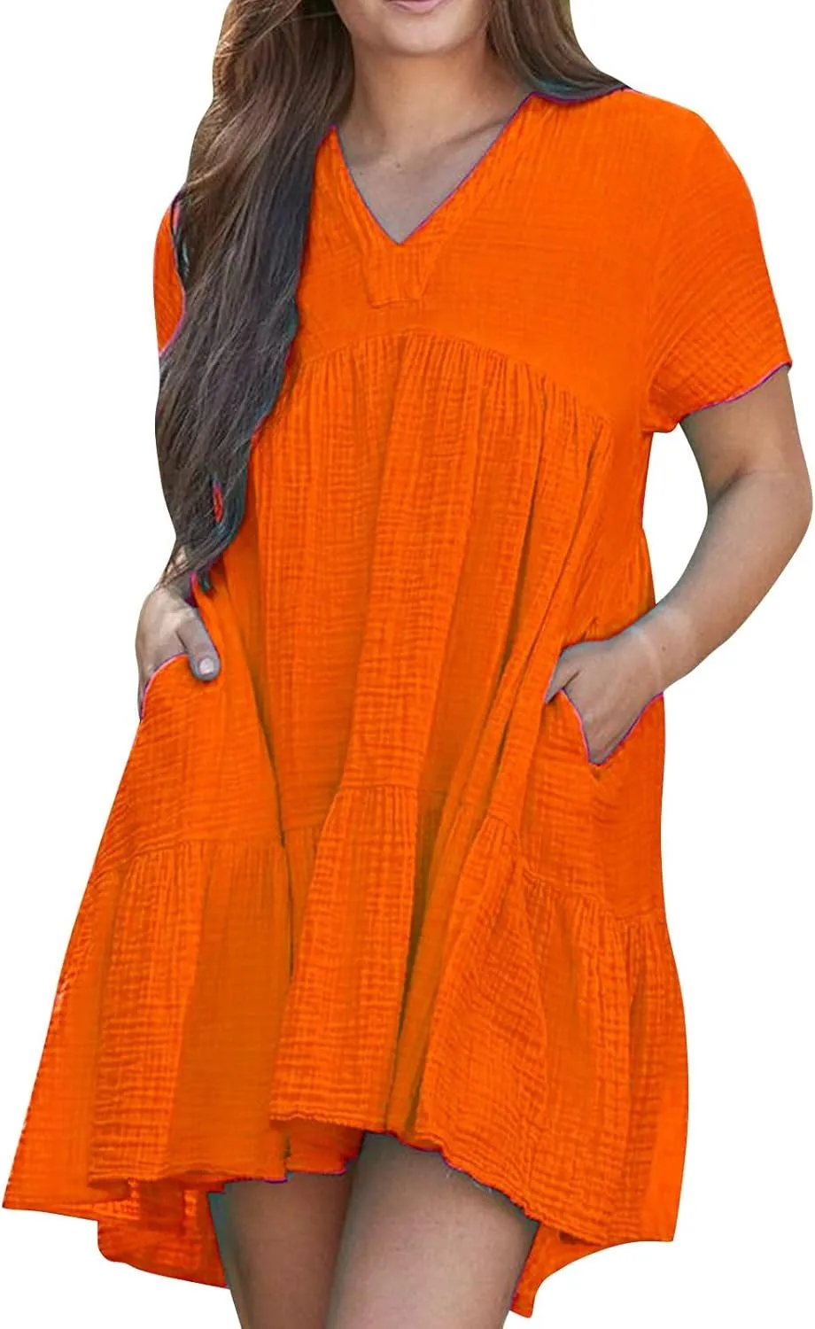 Women Summer Mini Dresses Short Sleeve V Neck Loose Smocked Tiered Flowy Pleated Cute Babydoll Dress with Pockets