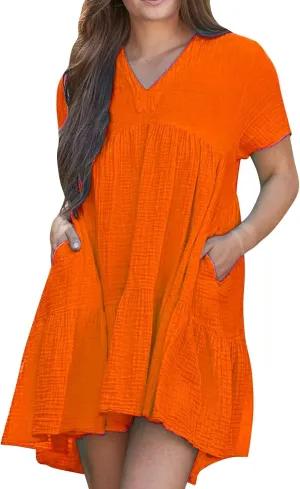 Women Summer Mini Dresses Short Sleeve V Neck Loose Smocked Tiered Flowy Pleated Cute Babydoll Dress with Pockets