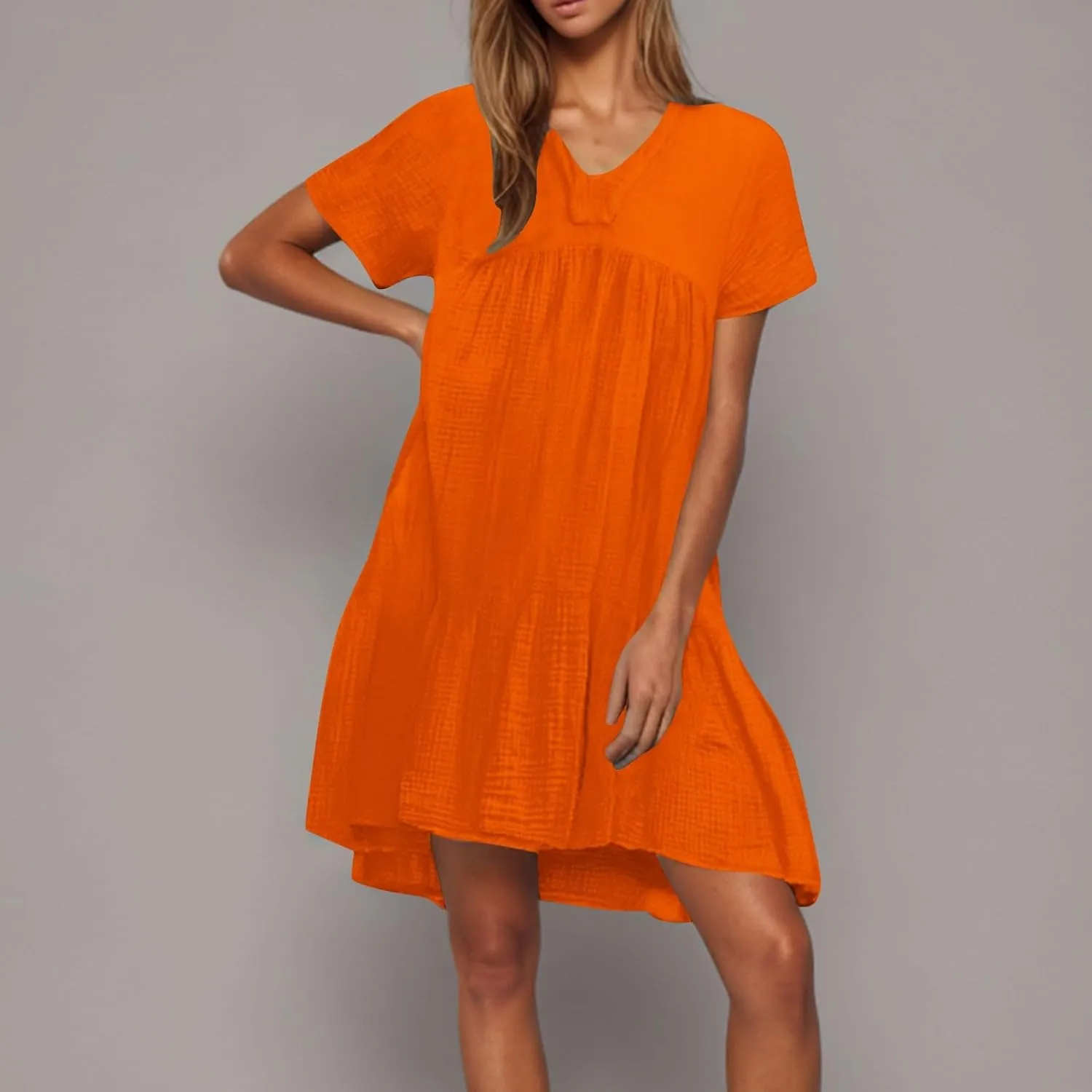 Women Summer Mini Dresses Short Sleeve V Neck Loose Smocked Tiered Flowy Pleated Cute Babydoll Dress with Pockets