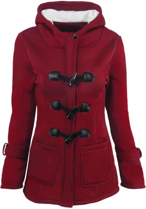 Women Trendy Horn Buttons Jackets Casual Fall Winter Coats Outwear Padded Hooded Parka Jacket Plain Overcoat