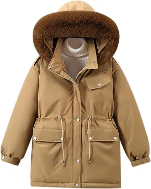 Women Winter Puffer Jacket Fur Hooded Down Coats Thickened Warm Parkas Drawstring Zipper Snow Outerwear with Pockets