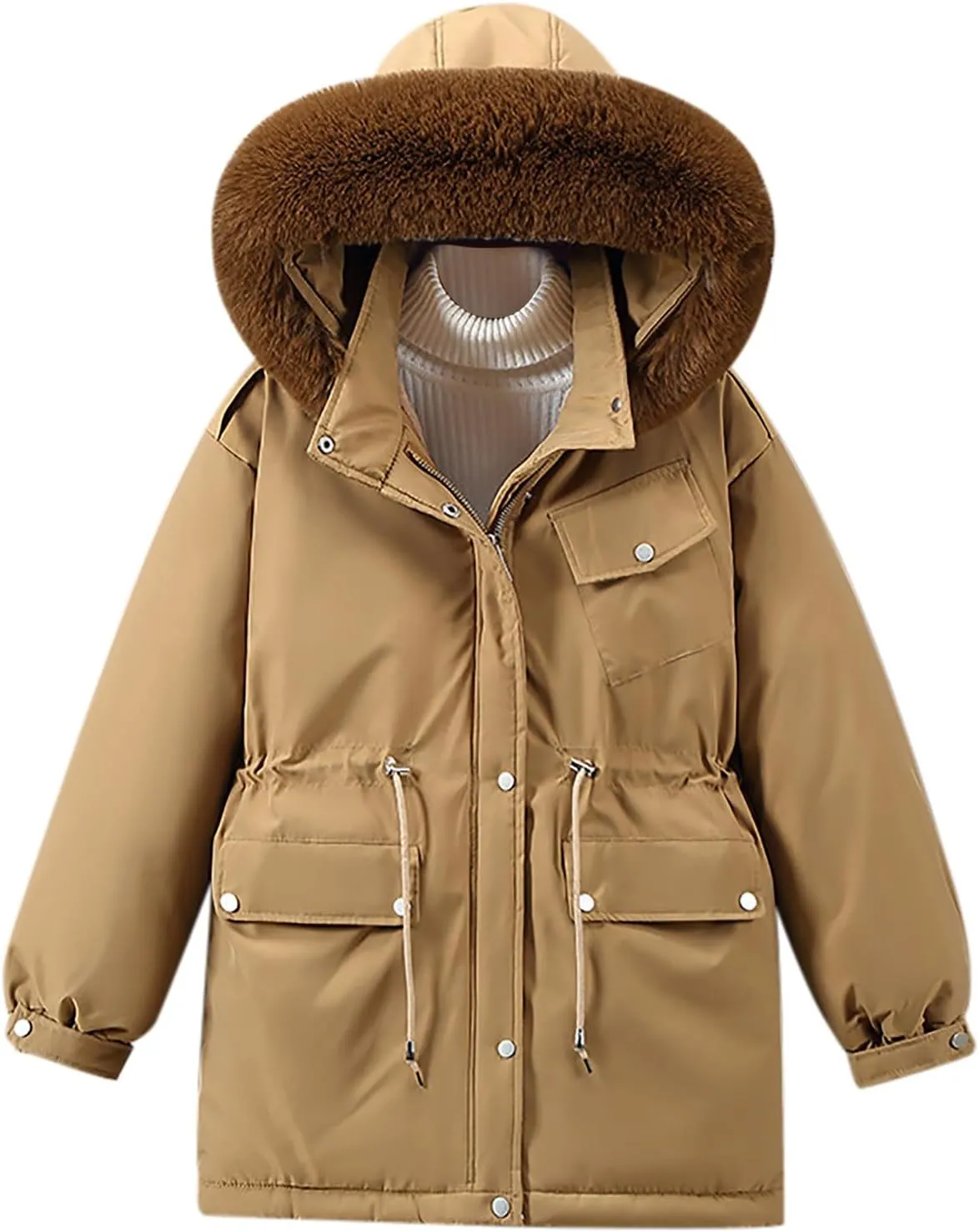 Women Winter Puffer Jacket Fur Hooded Down Coats Thickened Warm Parkas Drawstring Zipper Snow Outerwear with Pockets