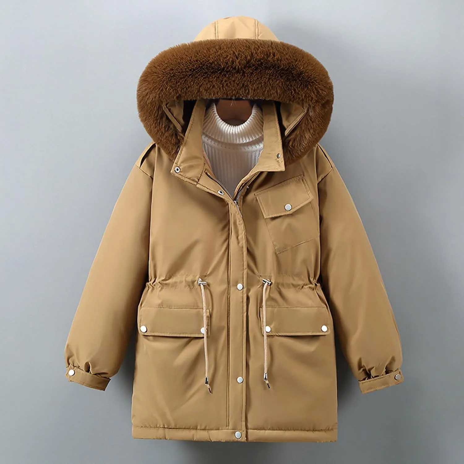 Women Winter Puffer Jacket Fur Hooded Down Coats Thickened Warm Parkas Drawstring Zipper Snow Outerwear with Pockets