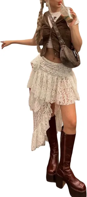 Women Y2k Lace Mini Skirt Fairy Low Rise Pleated Layered Ruffle Hem Bodycon Short Skirt Aesthetic Streetwear (A-C Creamy, M)