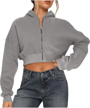 Women Zip Up Cropped Hoodies Fleece Jackets Sweatshirts Fashion Fall Outfits 2024 Teen Girls Y2k Clothes Workout Tops
