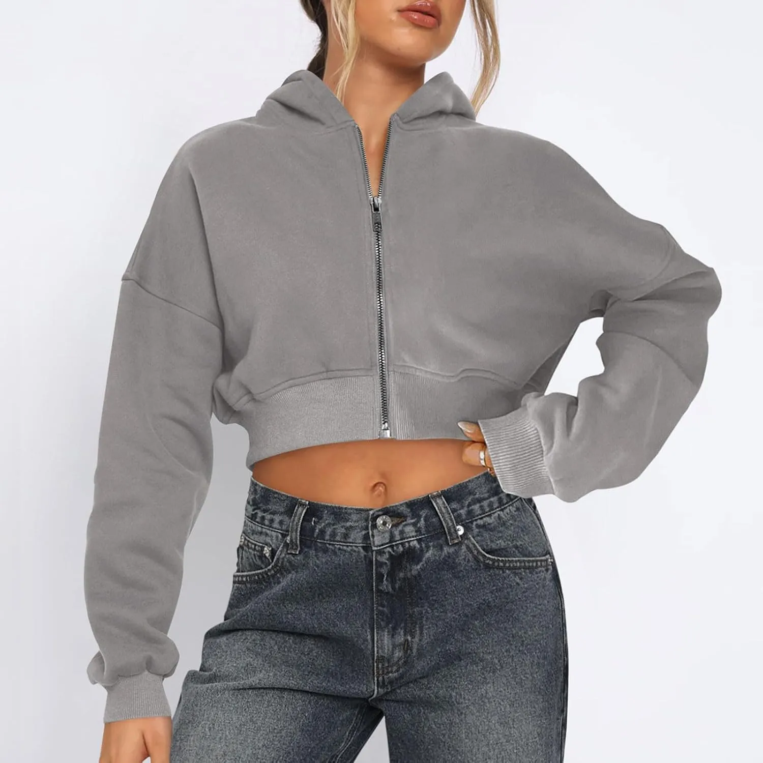 Women Zip Up Cropped Hoodies Fleece Jackets Sweatshirts Fashion Fall Outfits 2024 Teen Girls Y2k Clothes Workout Tops