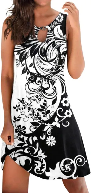 Womens 2023 Summer Tank Dress Sleeveless Keyhole Hollow Round Neck Boho Printed Hem Swing Short Mini Sundress Patterned Loose