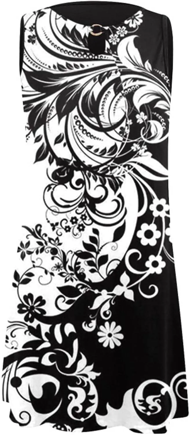 Womens 2023 Summer Tank Dress Sleeveless Keyhole Hollow Round Neck Boho Printed Hem Swing Short Mini Sundress Patterned Loose