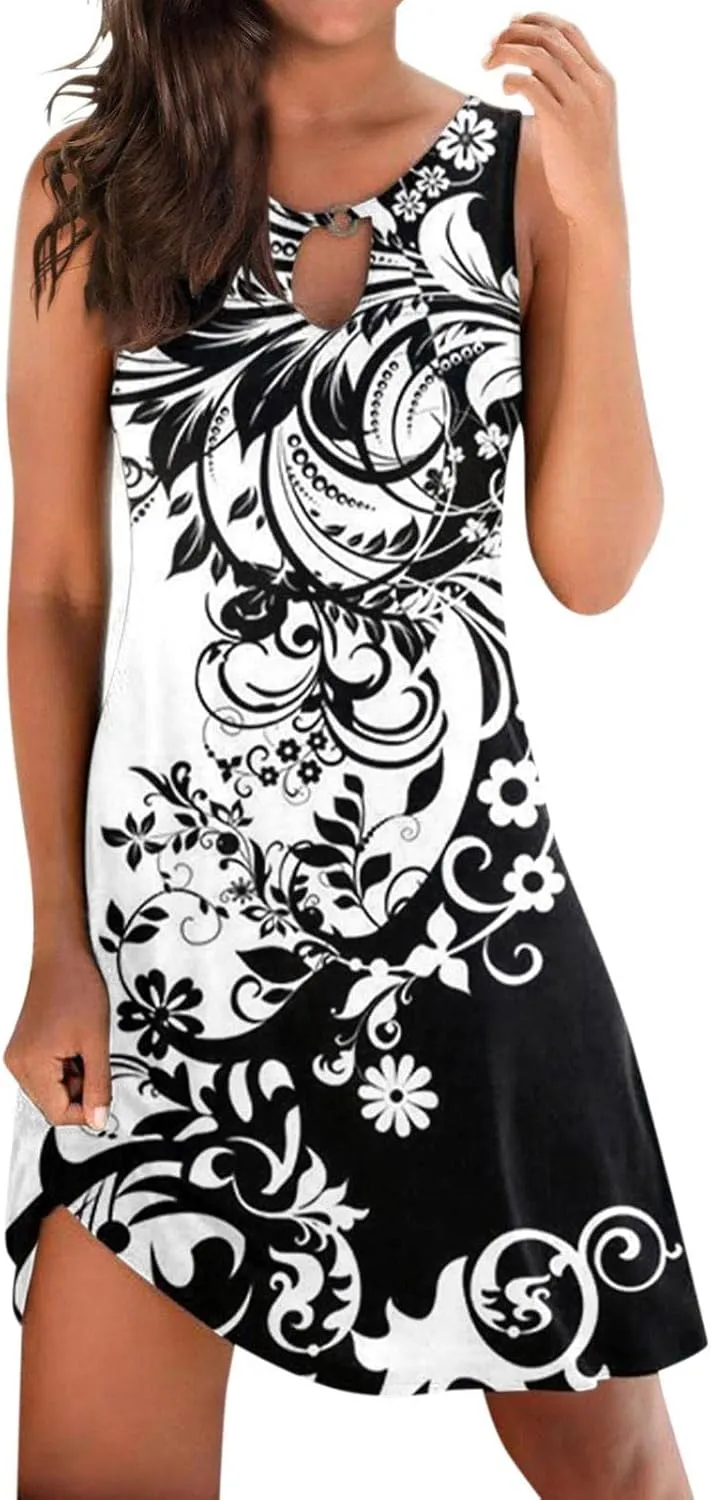Womens 2023 Summer Tank Dress Sleeveless Keyhole Hollow Round Neck Boho Printed Hem Swing Short Mini Sundress Patterned Loose