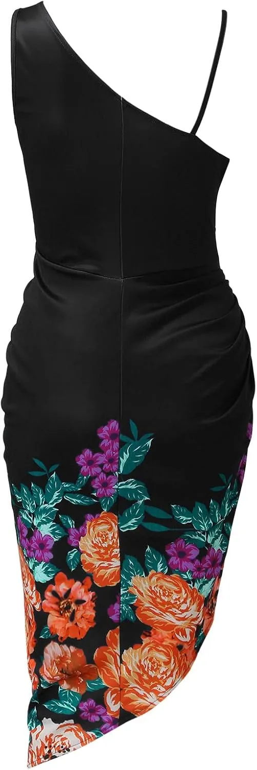 Women's 2024 One Shoulder Ruched Bodycon Dress Sexy Sequin Midi Dress Party Cocktail Dresses for Wedding Guest