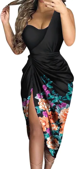 Women's 2024 One Shoulder Ruched Bodycon Dress Sexy Sequin Midi Dress Party Cocktail Dresses for Wedding Guest