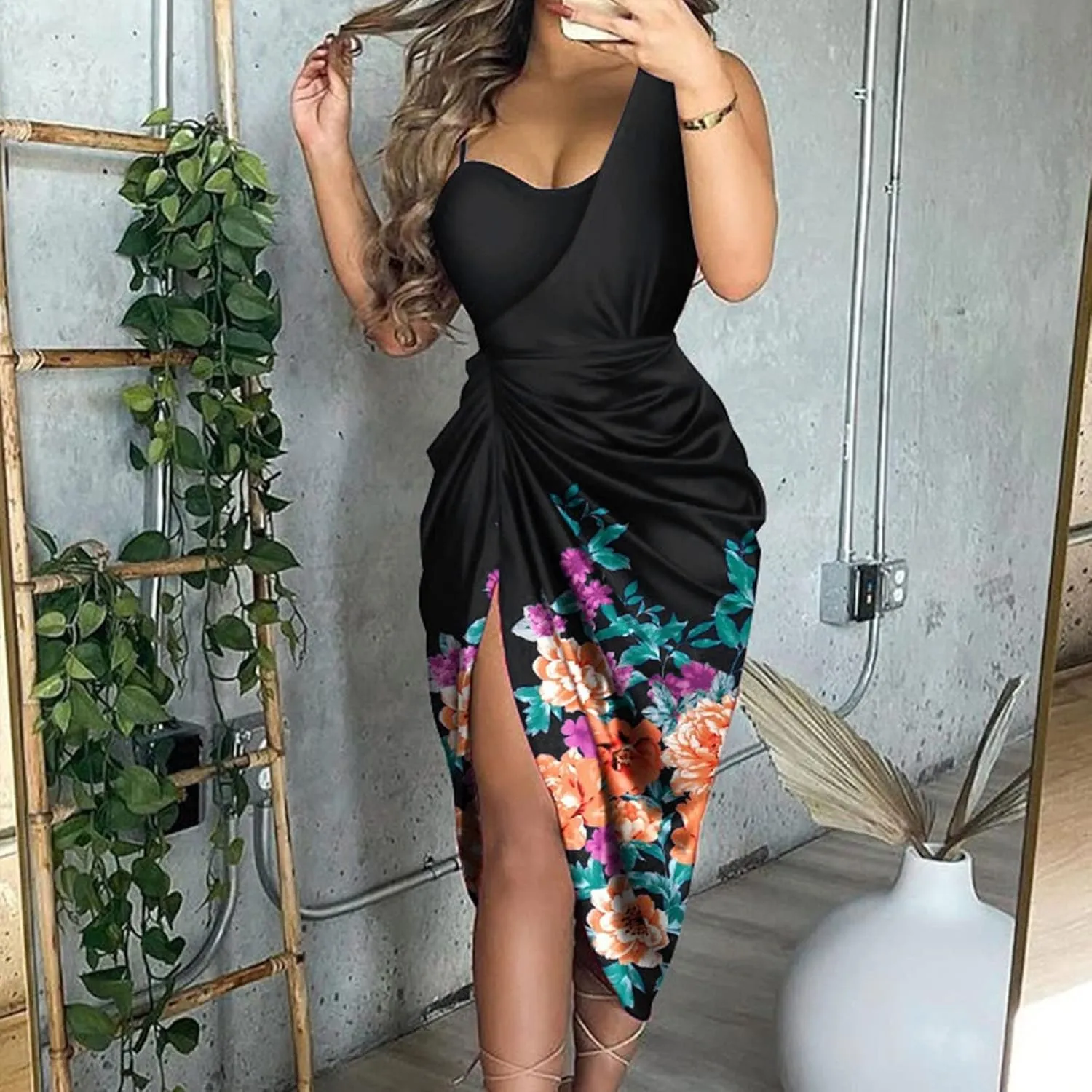 Women's 2024 One Shoulder Ruched Bodycon Dress Sexy Sequin Midi Dress Party Cocktail Dresses for Wedding Guest