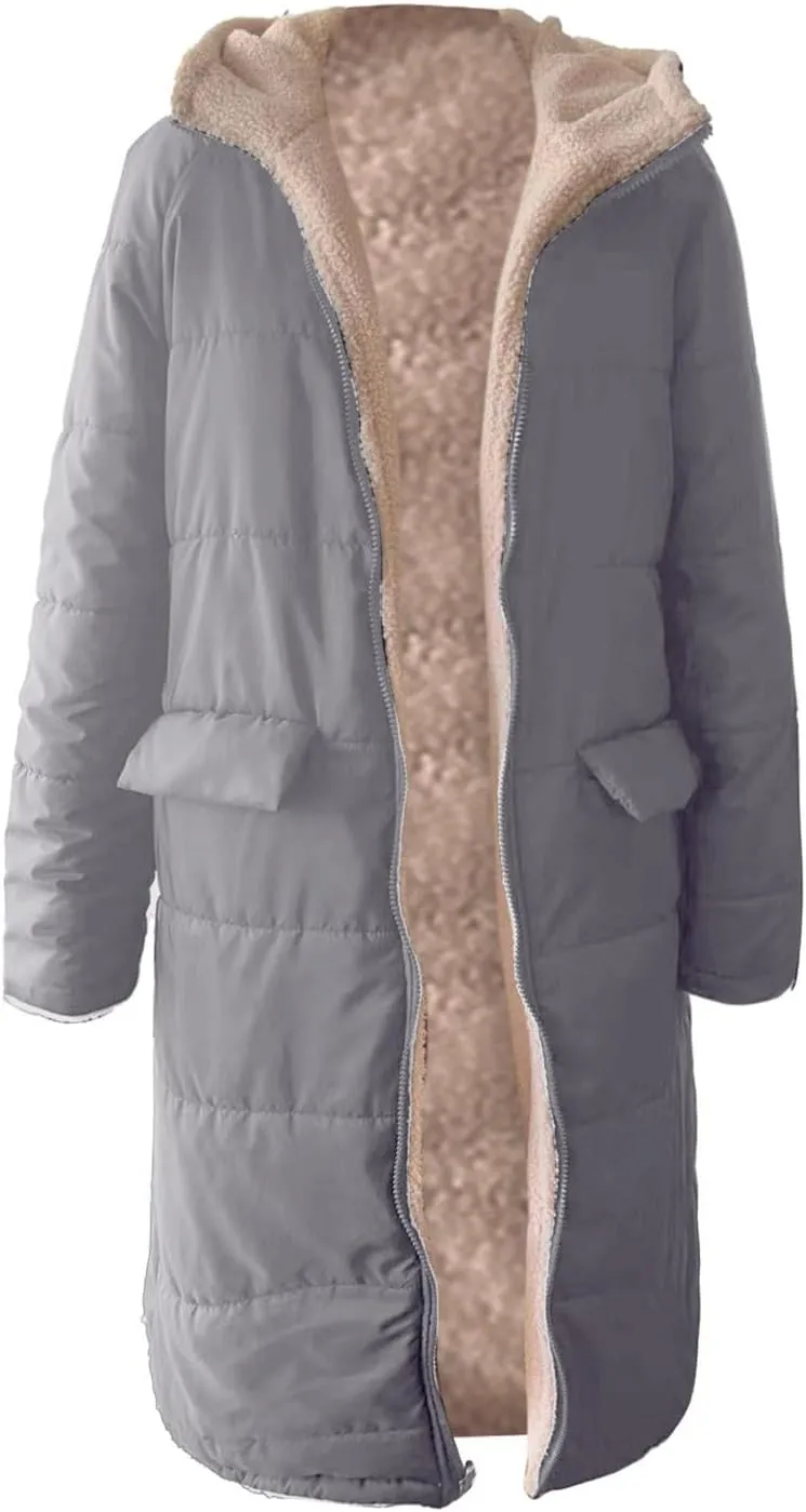 Women's 2024 Winter Fashion Shearling Fleece Long Coats Jackets Clothes Sherpa Padded Down Jackets Full Zip