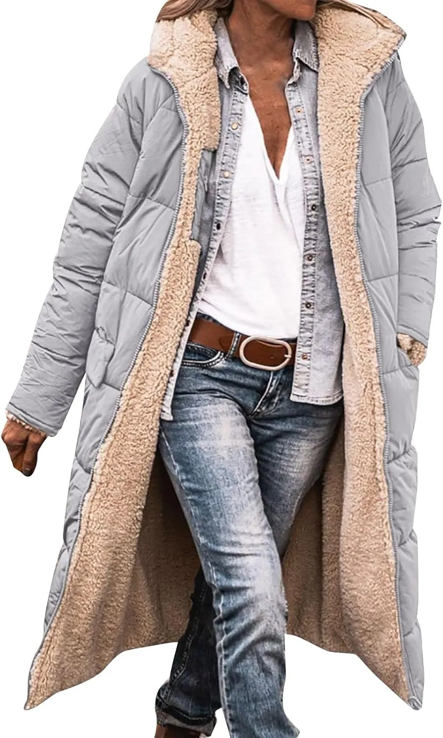 Women's 2024 Winter Fashion Shearling Fleece Long Coats Jackets Clothes Sherpa Padded Down Jackets Full Zip