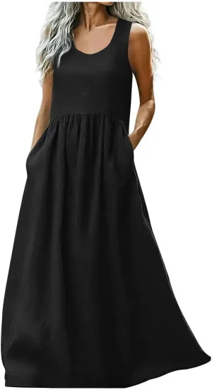 Womens 2025 Summer Sleeveless Linen Maxi Tank Dresses Casual A Line Crew Neck Beach Vacation Long Sundress with Pockets