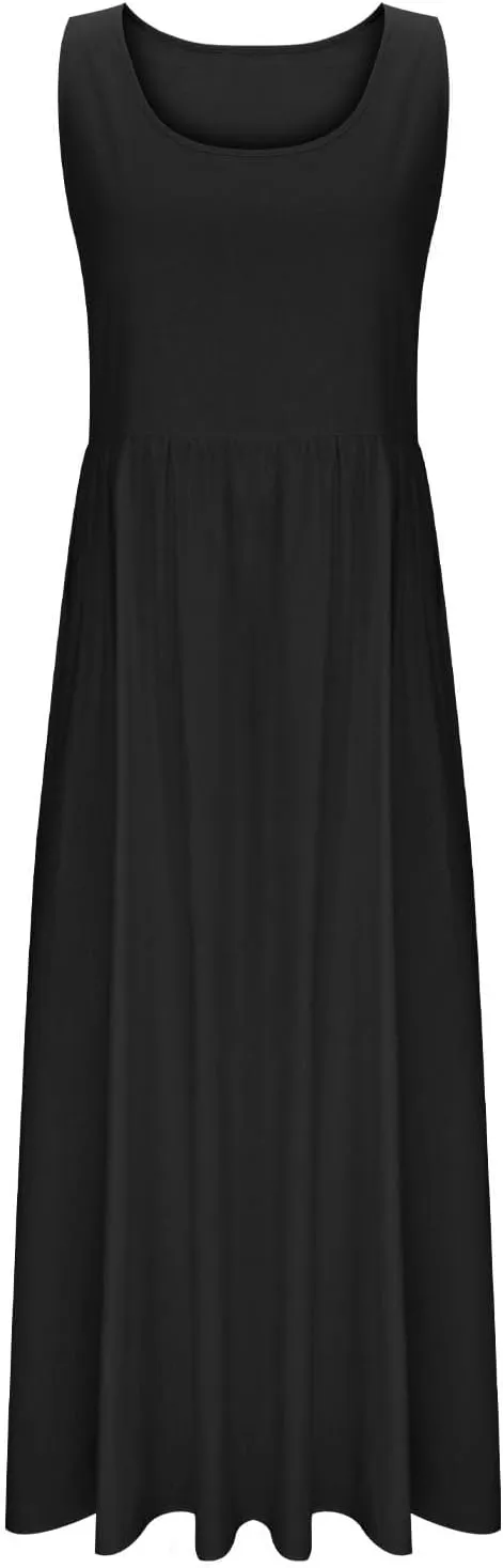 Womens 2025 Summer Sleeveless Linen Maxi Tank Dresses Casual A Line Crew Neck Beach Vacation Long Sundress with Pockets