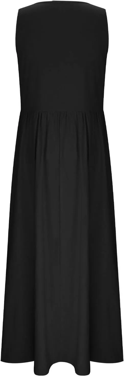 Womens 2025 Summer Sleeveless Linen Maxi Tank Dresses Casual A Line Crew Neck Beach Vacation Long Sundress with Pockets