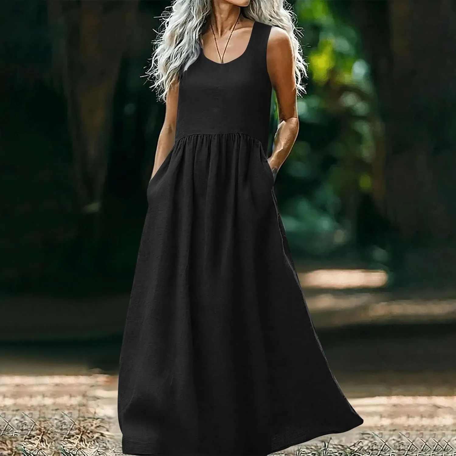 Womens 2025 Summer Sleeveless Linen Maxi Tank Dresses Casual A Line Crew Neck Beach Vacation Long Sundress with Pockets
