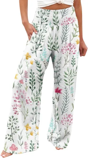 Women's Boho Tropical Print Wide Leg Pants Womens Cotton Casual Loose Pants Comfy Work Pants with Pockets Elastic