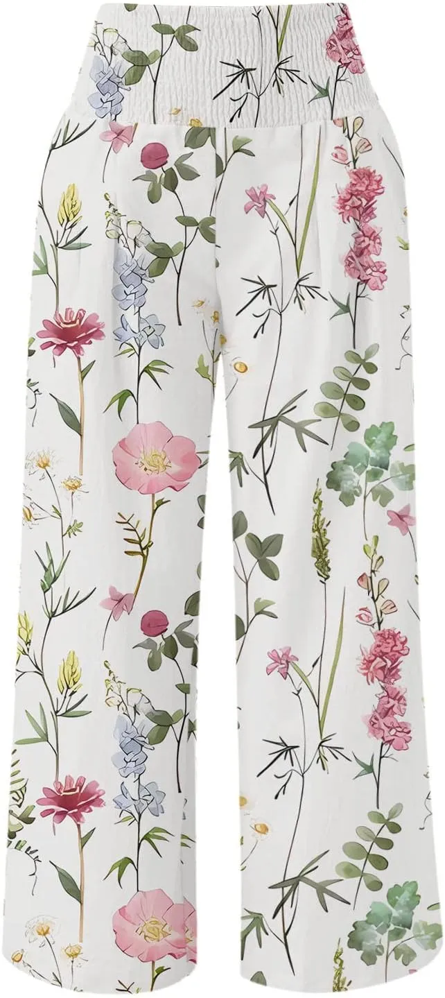 Women's Boho Tropical Print Wide Leg Pants Womens Cotton Casual Loose Pants Comfy Work Pants with Pockets Elastic