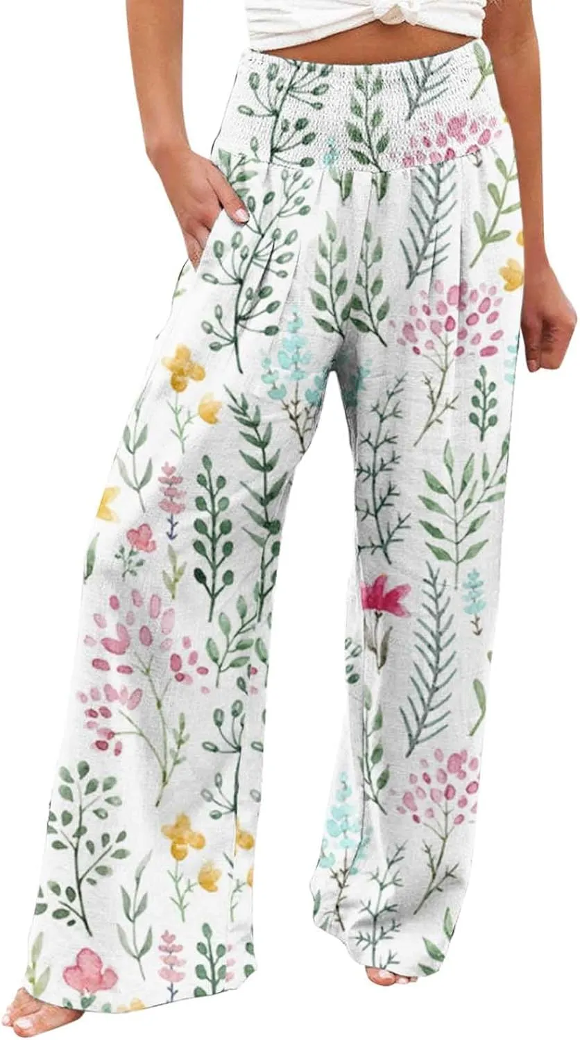 Women's Boho Tropical Print Wide Leg Pants Womens Cotton Casual Loose Pants Comfy Work Pants with Pockets Elastic