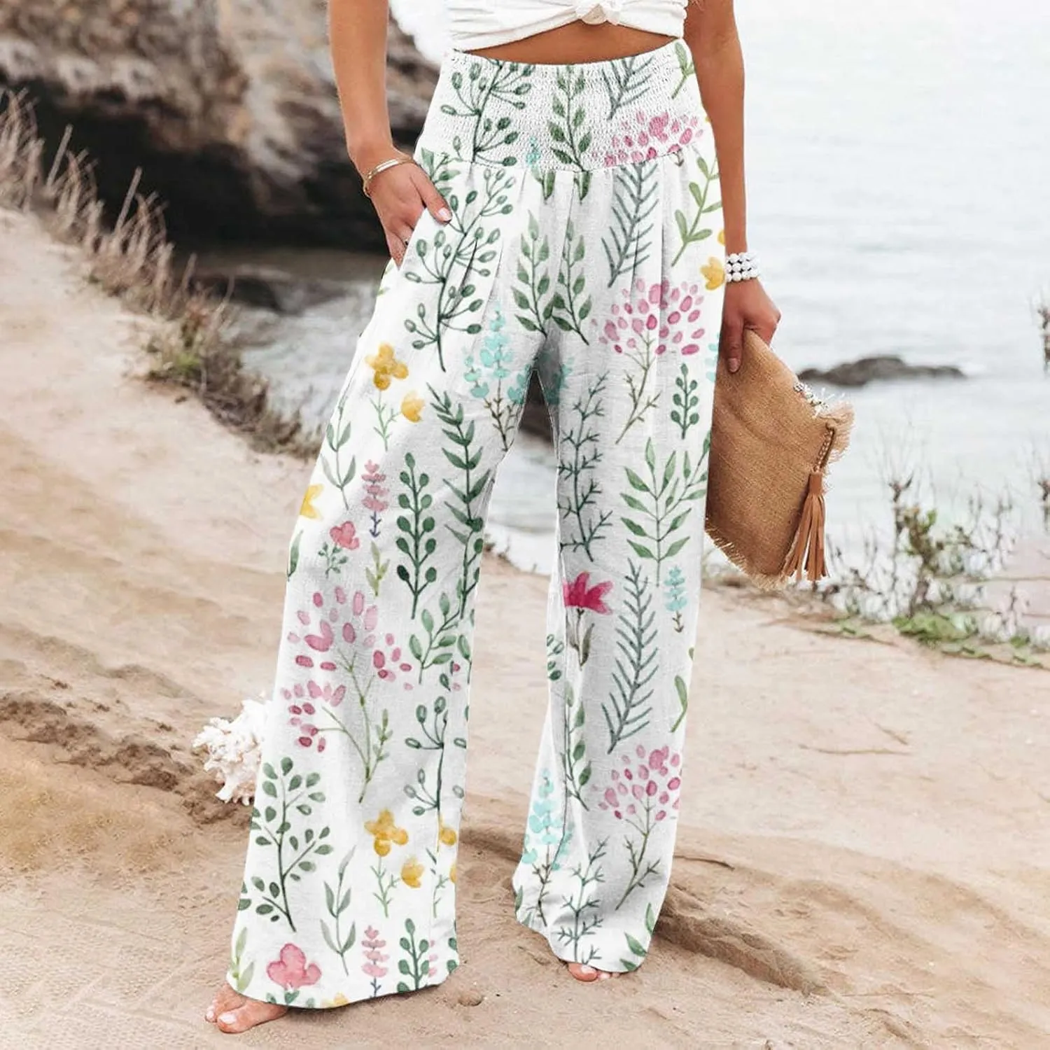 Women's Boho Tropical Print Wide Leg Pants Womens Cotton Casual Loose Pants Comfy Work Pants with Pockets Elastic