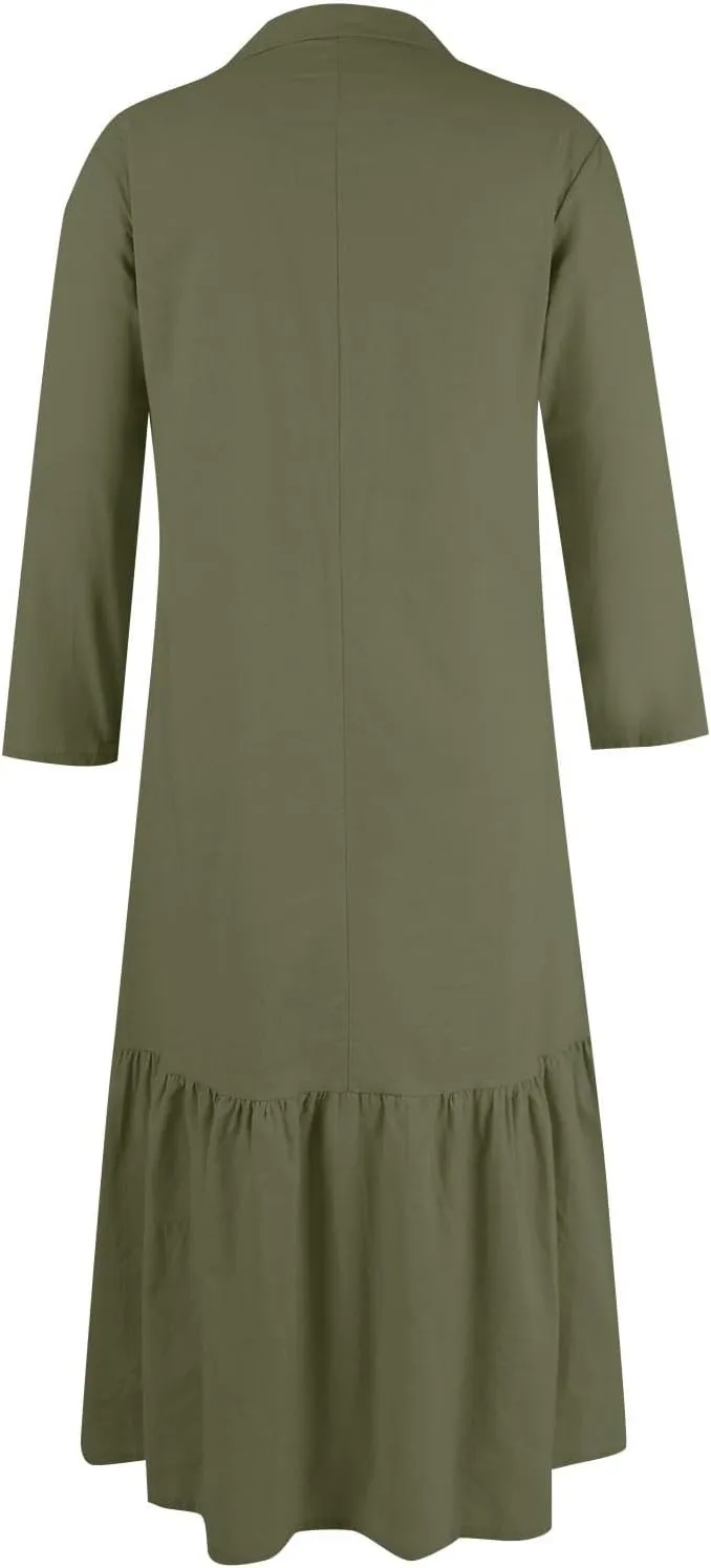 Women's Casual Long Sleeve Button Down Loose Cotton Linen Maxi Shirt Dress Plus Size Summer Shift Shirt Dresses