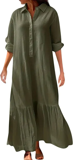 Women's Casual Long Sleeve Button Down Loose Cotton Linen Maxi Shirt Dress Plus Size Summer Shift Shirt Dresses