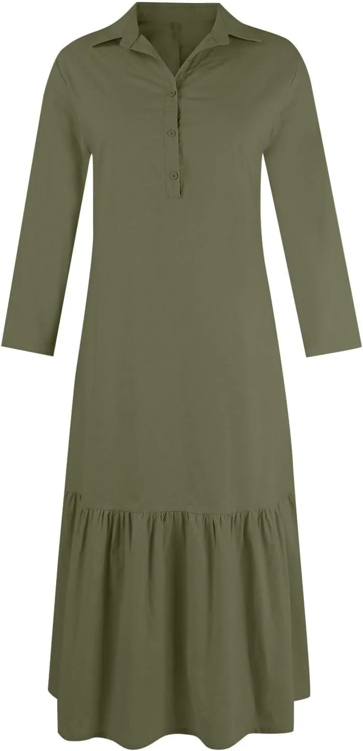 Women's Casual Long Sleeve Button Down Loose Cotton Linen Maxi Shirt Dress Plus Size Summer Shift Shirt Dresses