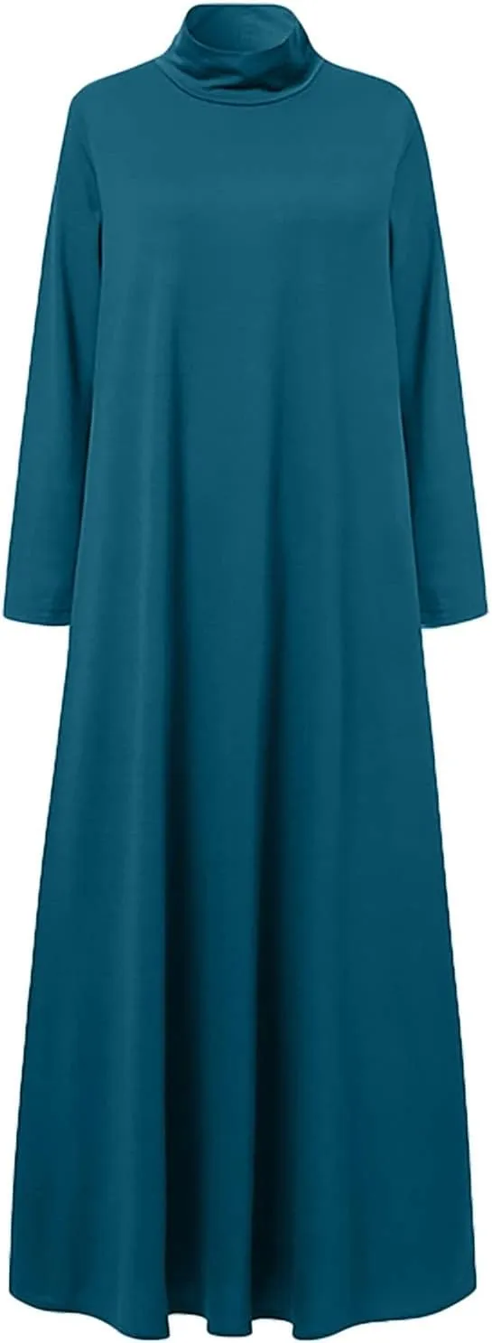 Womens Casual Maxi Dress Long Sleeve Mock Neck Robe Abaya Muslim Ramadan Dress Flowy Maxi Dress Islamic Evening Gown