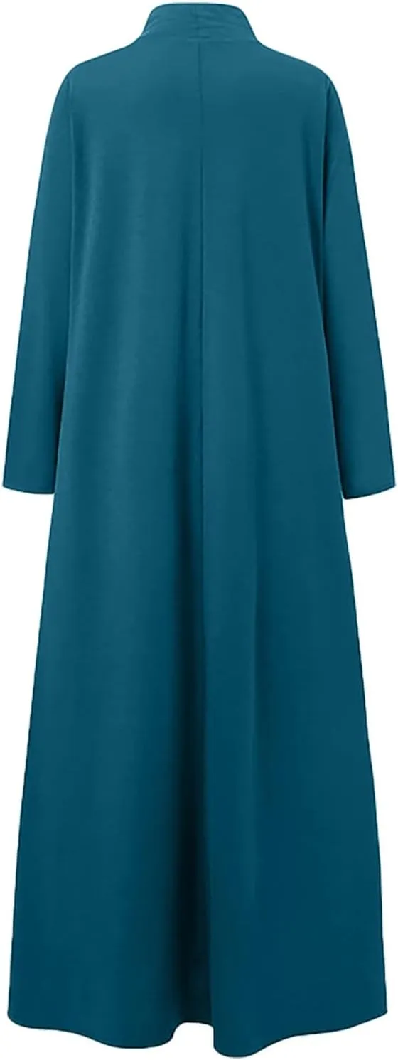 Womens Casual Maxi Dress Long Sleeve Mock Neck Robe Abaya Muslim Ramadan Dress Flowy Maxi Dress Islamic Evening Gown