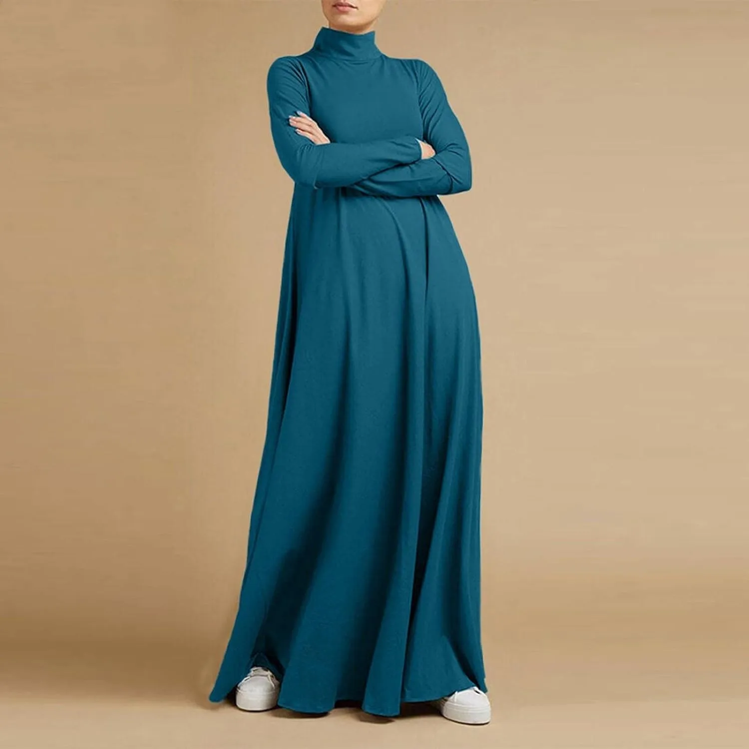 Womens Casual Maxi Dress Long Sleeve Mock Neck Robe Abaya Muslim Ramadan Dress Flowy Maxi Dress Islamic Evening Gown