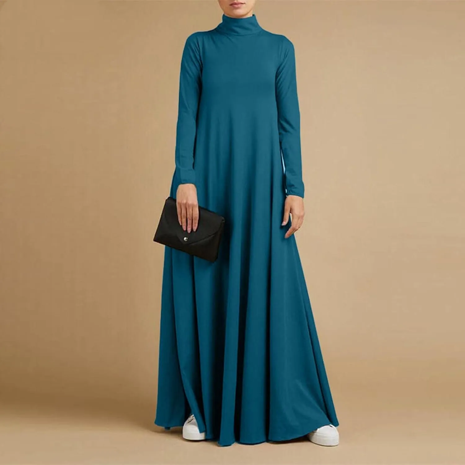 Womens Casual Maxi Dress Long Sleeve Mock Neck Robe Abaya Muslim Ramadan Dress Flowy Maxi Dress Islamic Evening Gown