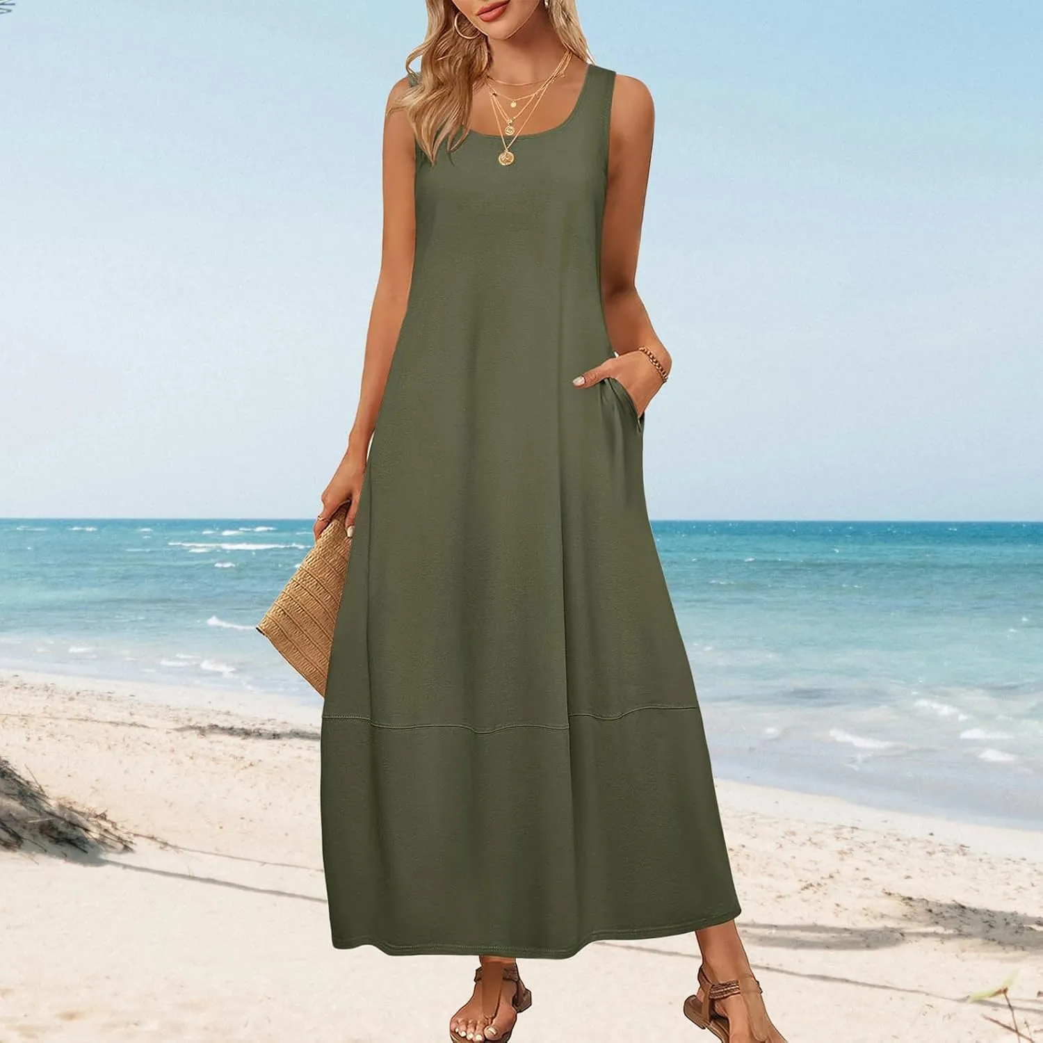 Women's Casual Maxi Sundress 2025 Scoop Neck Sleeveless Tank Dress Summer Long Travel Vacation Beach Sundress