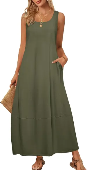 Women's Casual Maxi Sundress 2025 Scoop Neck Sleeveless Tank Dress Summer Long Travel Vacation Beach Sundress