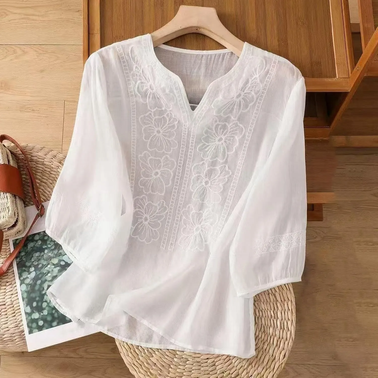 Women's Casual Solid Color Embroidered Cotton and Linen Tops Shirts T Shirts Long Sleeve Blouse Summer Short Sleeve