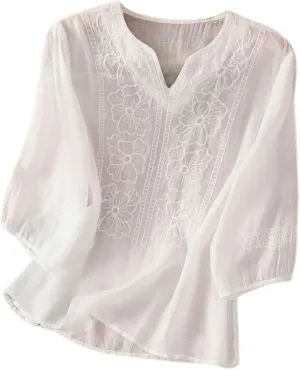 Women's Casual Solid Color Embroidered Cotton and Linen Tops Shirts T Shirts Long Sleeve Blouse Summer Short Sleeve