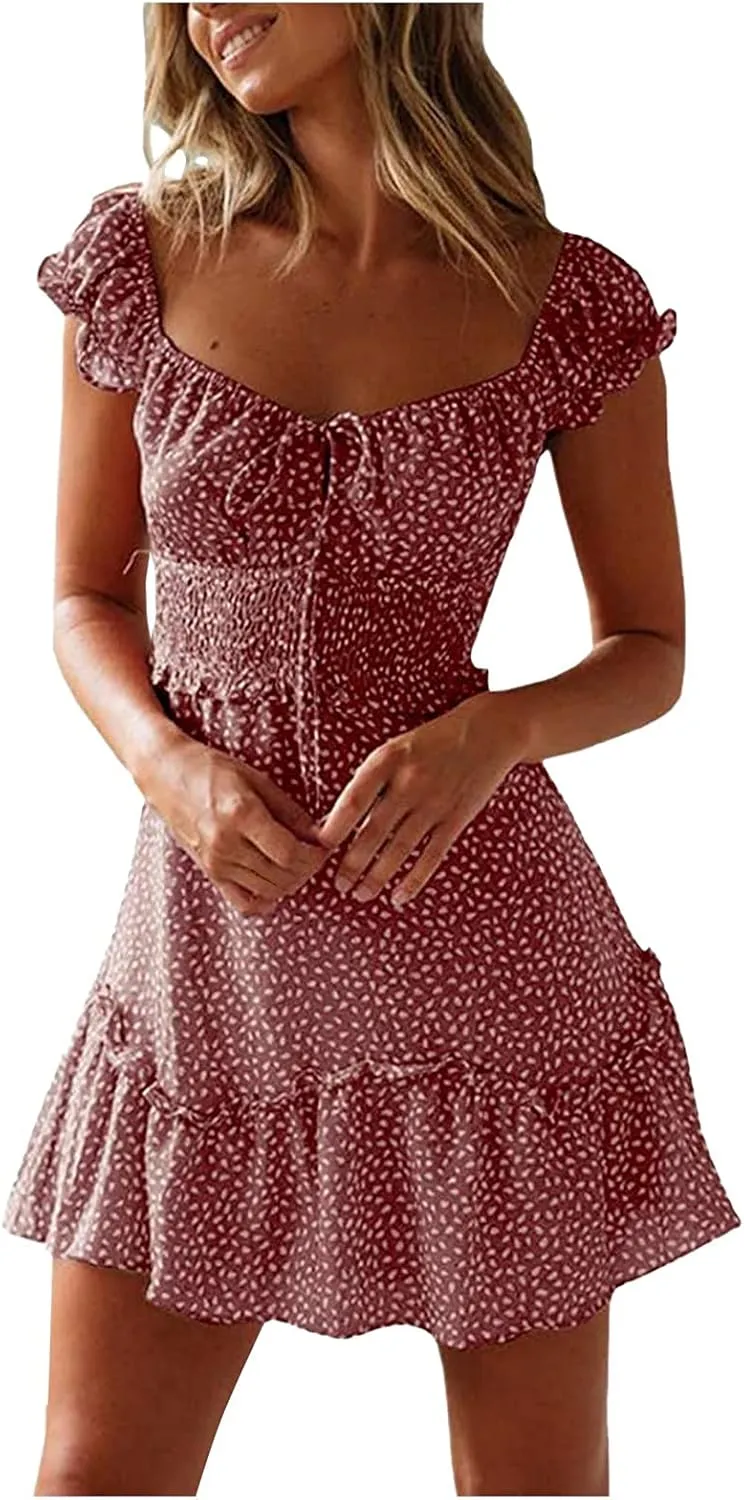 Womens Casual Summer Maxi Dress Short Sleeve V Neck Floral Print Boho Beach Dress Tiered Ruffle Smocked Waist Pockets