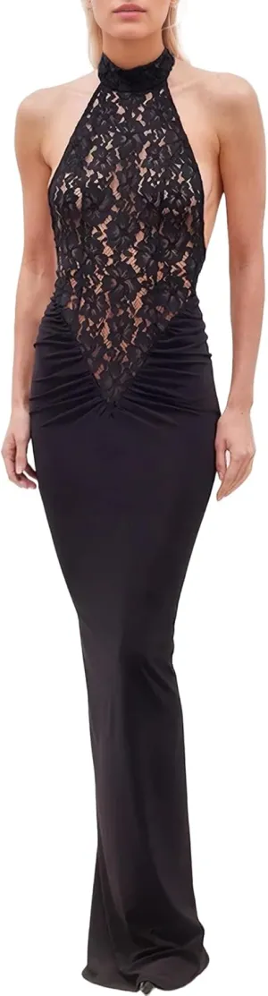Womens Cocktail Dress Open Back Halter Lace Turtleneck Party Evening Gowns Bodycon Long Dress