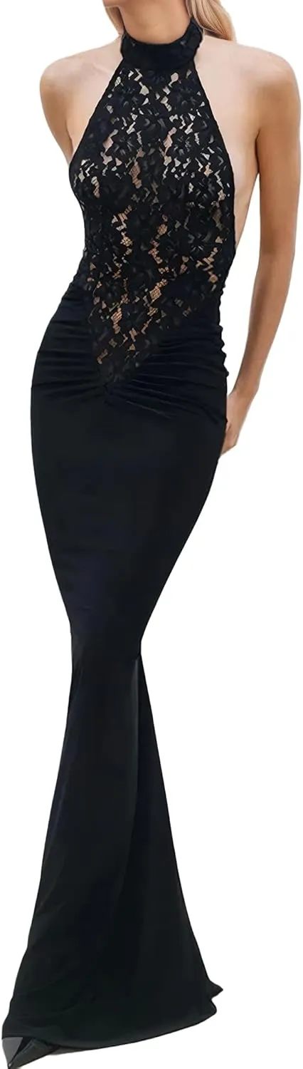 Womens Cocktail Dress Open Back Halter Lace Turtleneck Party Evening Gowns Bodycon Long Dress