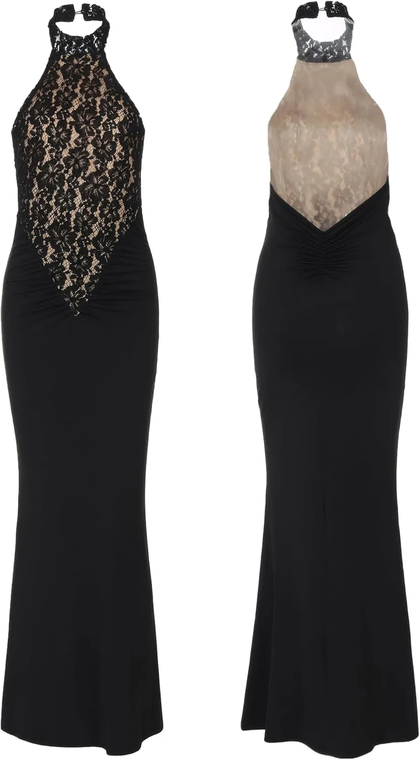 Womens Cocktail Dress Open Back Halter Lace Turtleneck Party Evening Gowns Bodycon Long Dress