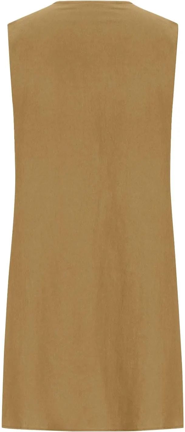 Women's Cotton Linen Midi Dress Plus Size Sleeveless Pleated Summer Dresses Vacation 2025 Crew Neck Casual Dress