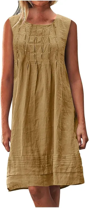 Women's Cotton Linen Midi Dress Plus Size Sleeveless Pleated Summer Dresses Vacation 2025 Crew Neck Casual Dress