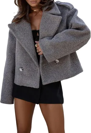 Womens Cropped Peacoat Double Breasted Notched Lapel Coat Wool Blend Short Winter Trench Jacket Casual Dressy Top