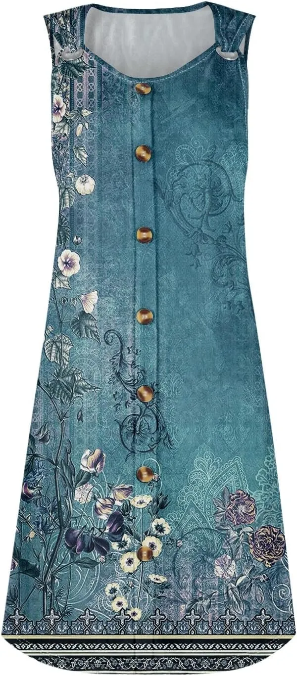 Womens Dresses Casual Plus Size Mini Dress Button Down V Neck Sleeveless Sundress Summer Clothes Tank Dress