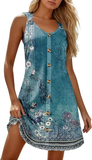 Womens Dresses Casual Plus Size Mini Dress Button Down V Neck Sleeveless Sundress Summer Clothes Tank Dress