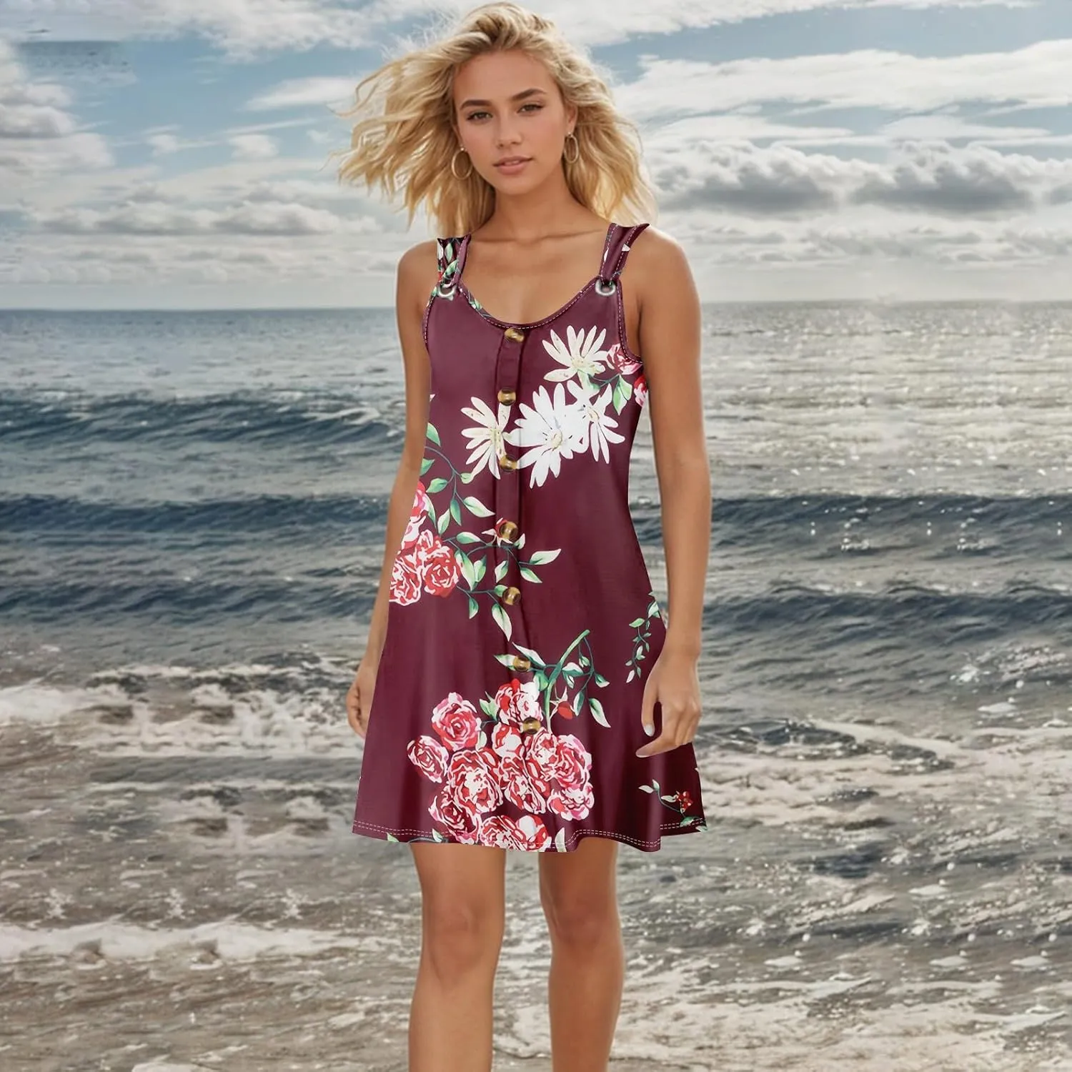 Womens Dresses Casual Plus Size V Neck Sleeveless Sundress Summer Clothes Mini Dress Button Down Tank Dress